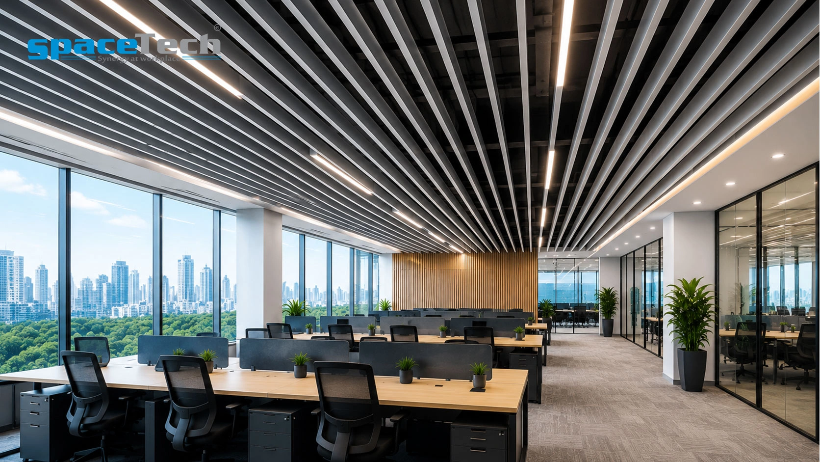 Metal baffle ceiling design for modern office in Pune - SpaceTech Interior
